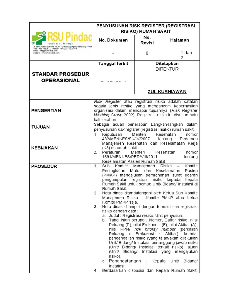 Penyusunan Risk Register Rumah Sakit | PDF