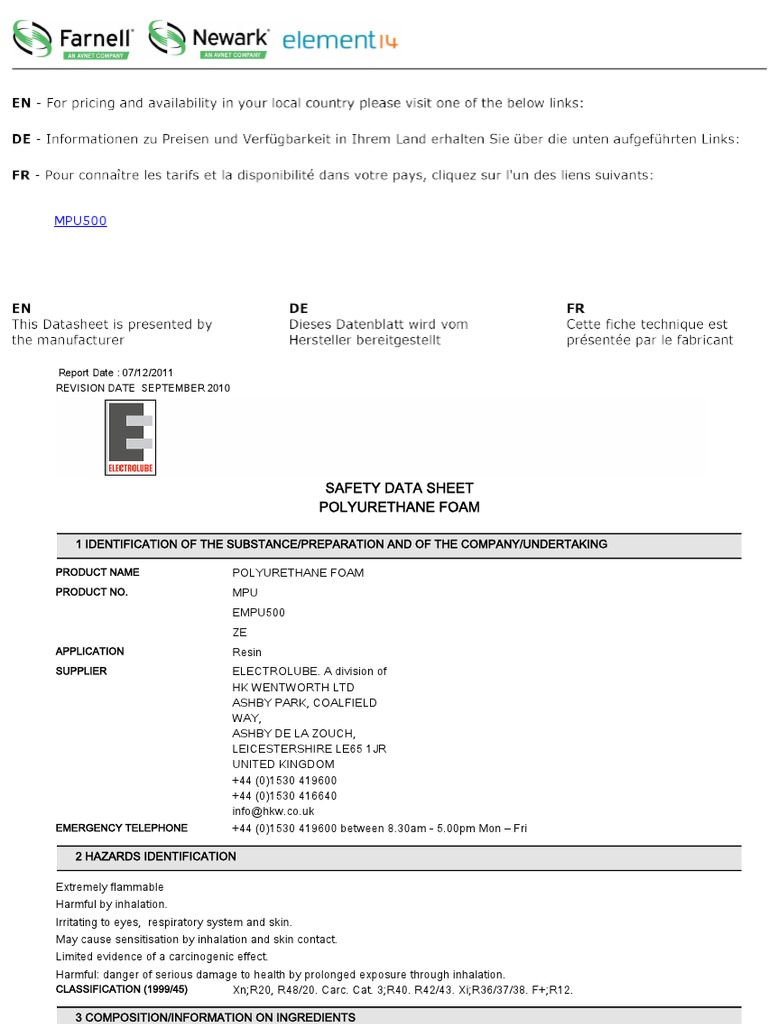 MSDS Polyurethane PDF Toxicity Physical Sciences