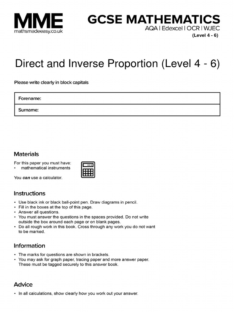 Direct and Inverse Proportion Foundation Questions MME | PDF