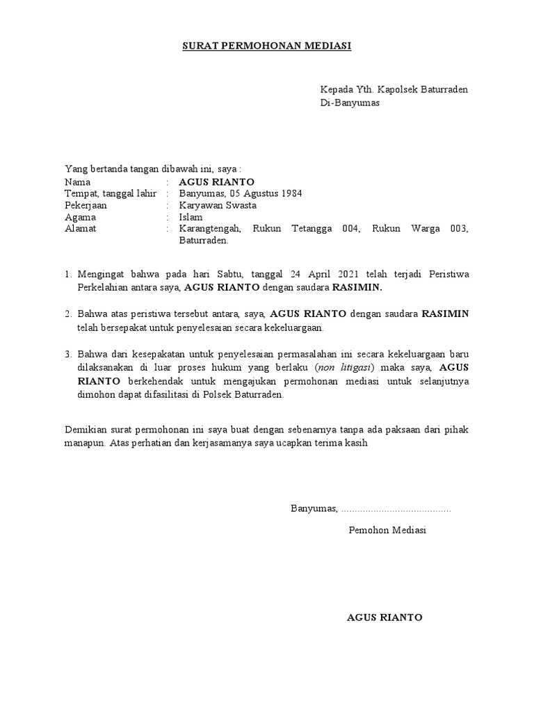 Surat Permohonan Mediasi Agus Rasimin | PDF