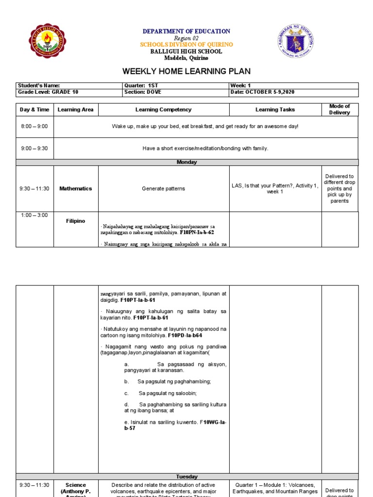 G10 Dove Weekly Home Learning Plan | PDF | Pedagogy | Cognition