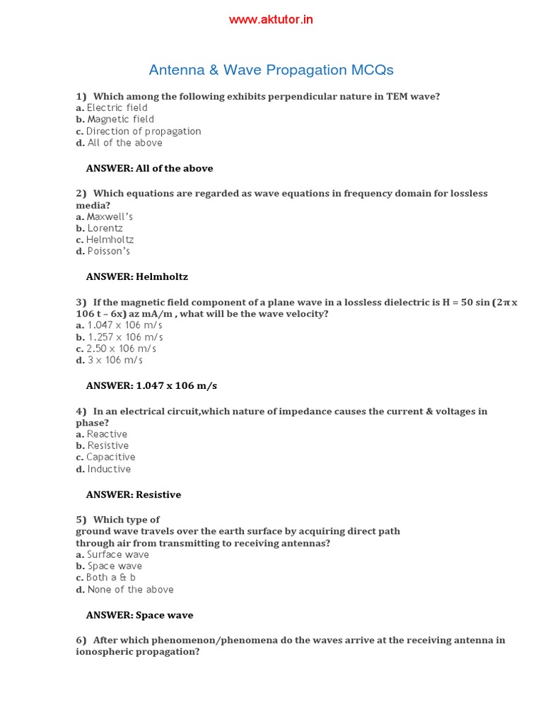 Antenna & Wave Propagation MCQ PDF Antenna (Radio) Waves