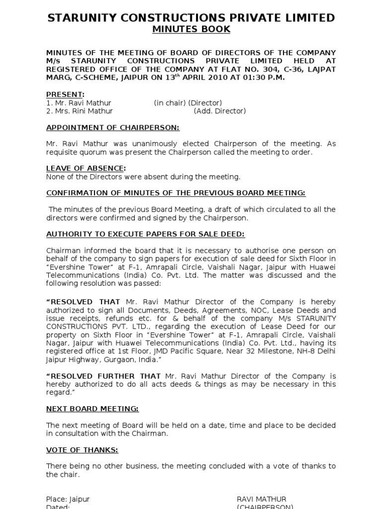Minutes of Meeting Chairman Board Of Directors