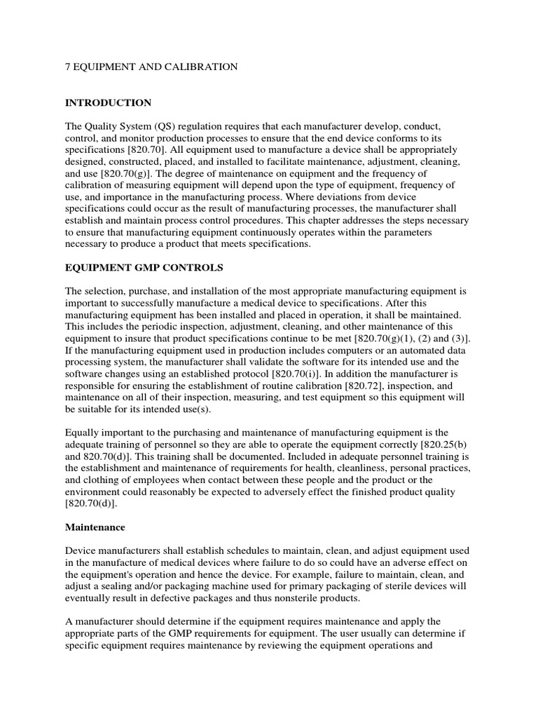 Equipment Calibration in Medical Manufacturing | PDF | Calibration ...