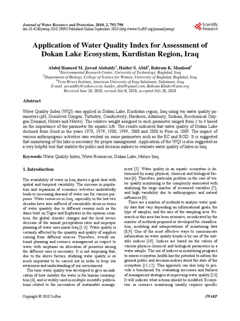 Application of Water Quality Index For Assessment of Dokan Lake ...