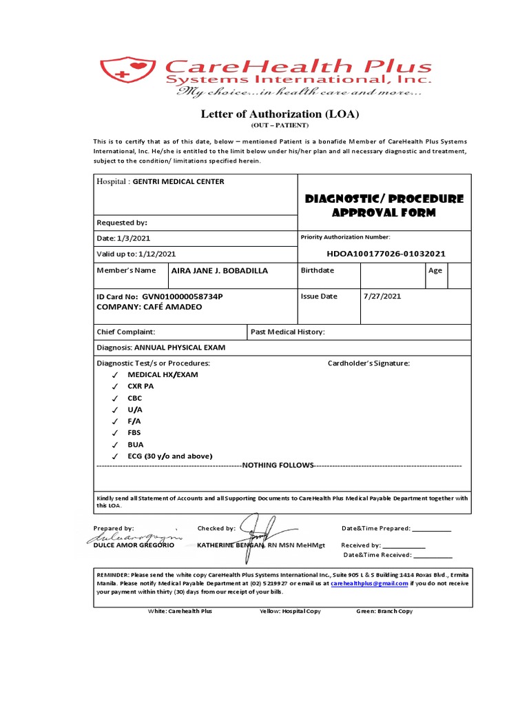 Letter of Authorization (LOA) : DIAGNOSTIC/ Procedure Approval 
