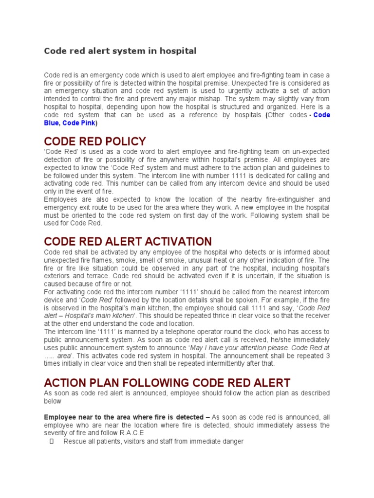 Code Red Protocol in Hospitals | PDF | Firefighting | Firefighter