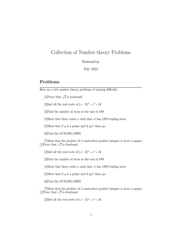 A Few Number Theory Problems PDF Numbers Number Theory