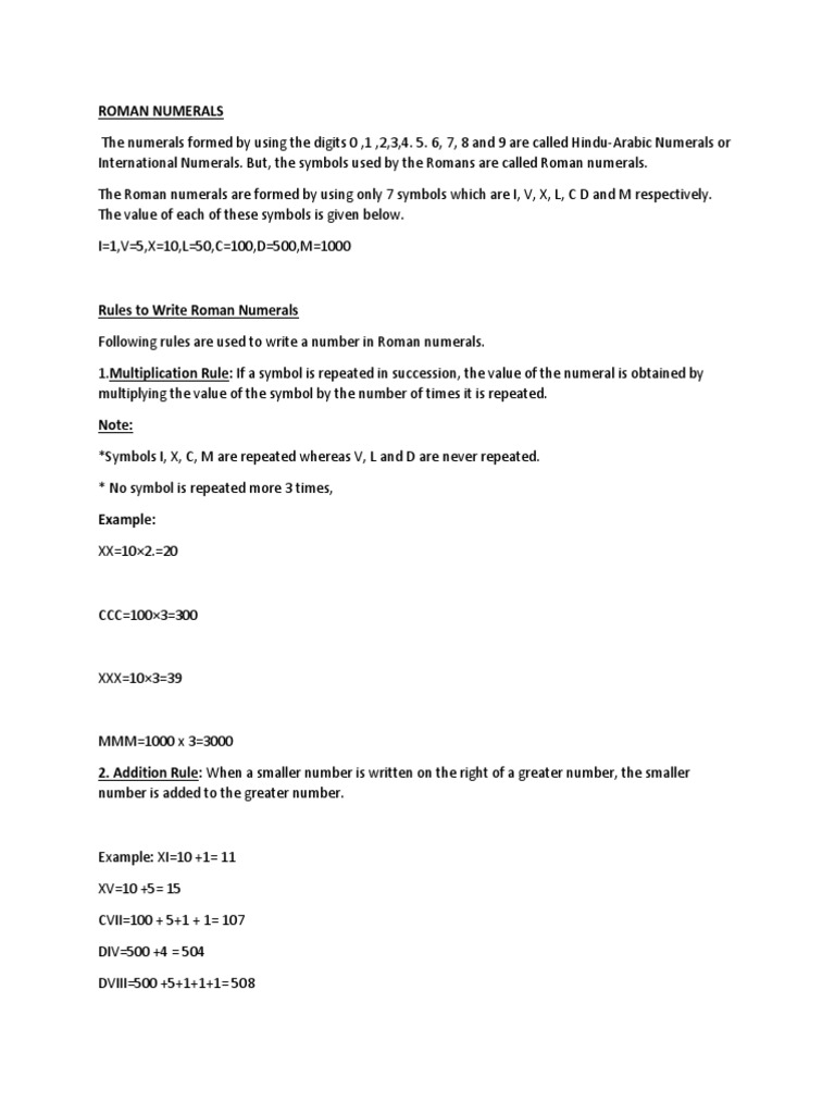 Roman Numerals Notes | PDF | Numbers | Multiplication