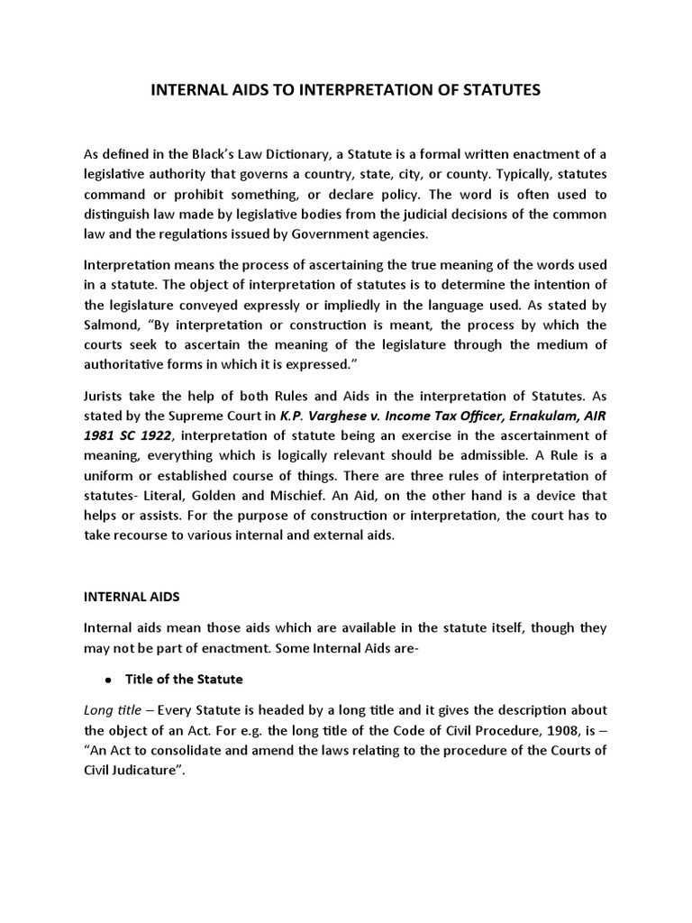 Internal Aids Of Interpretation Of Statutes