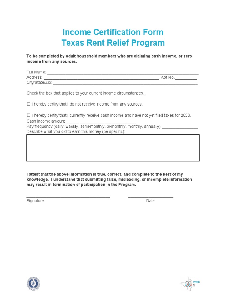 Income Certification for Rent Relief | PDF