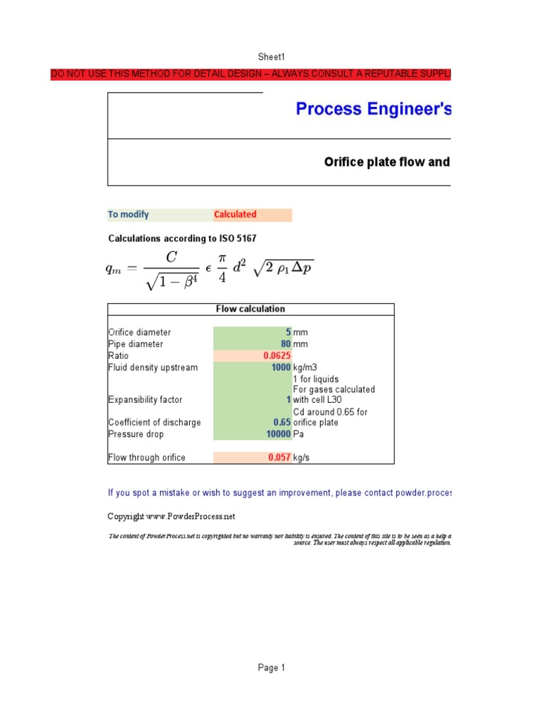 Orifice Plate Flow and Pressure Drop Calculation Tool: To Modify | PDF ...