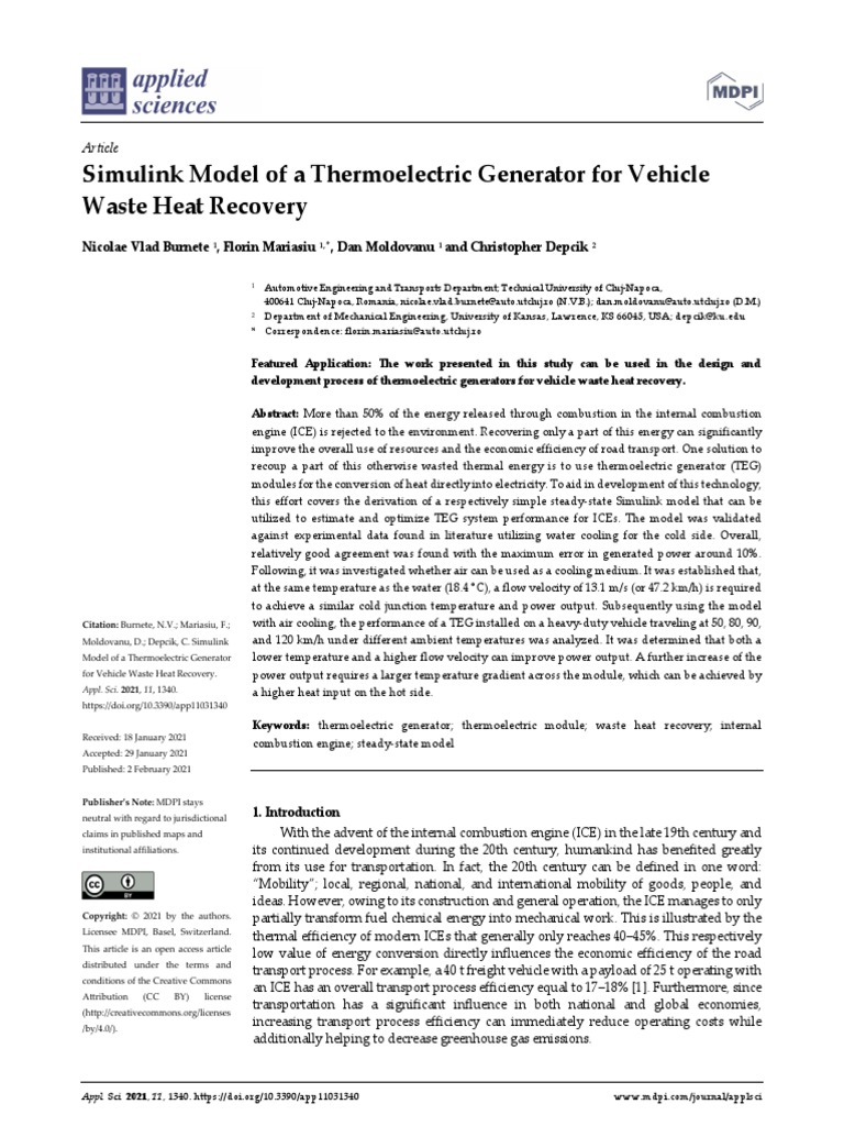 Simulink Model of A Thermoelectric Generator For Vehicle Waste Heat ...