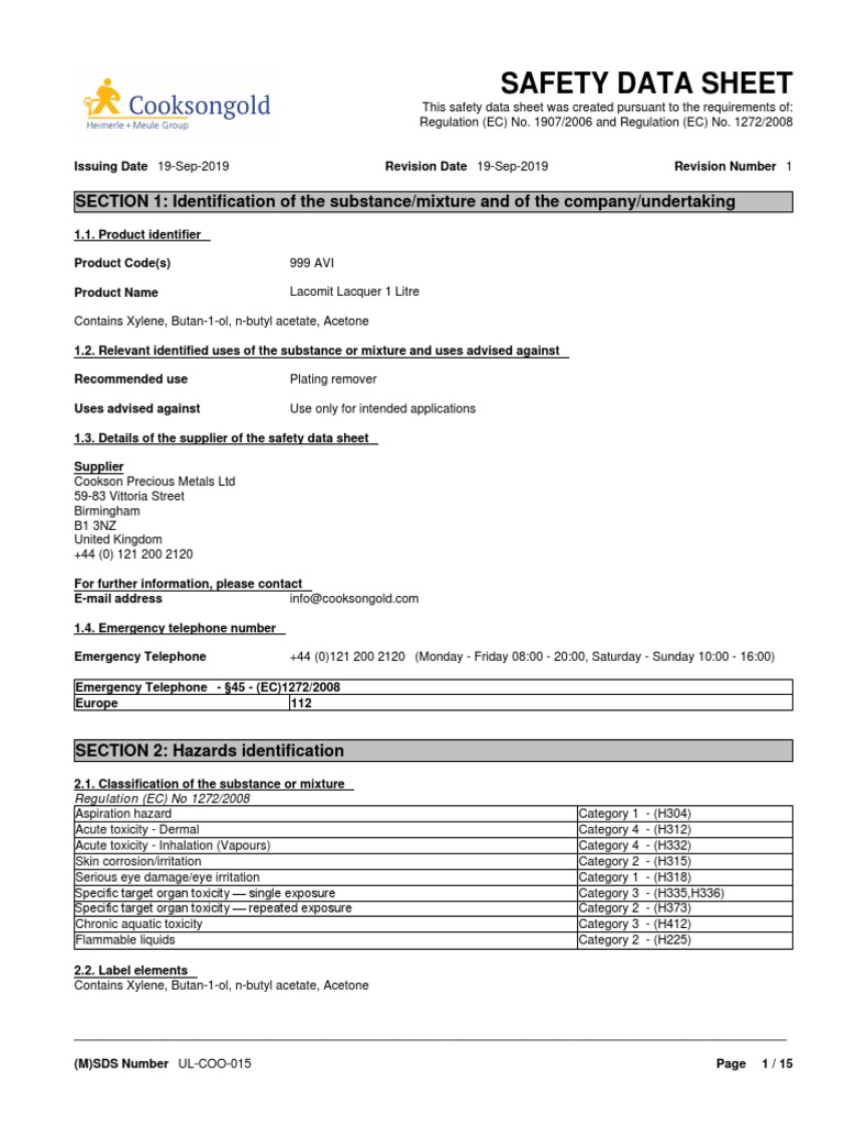 999 AVI Lacquer 1 Litre PDF Firefighting Toxicity