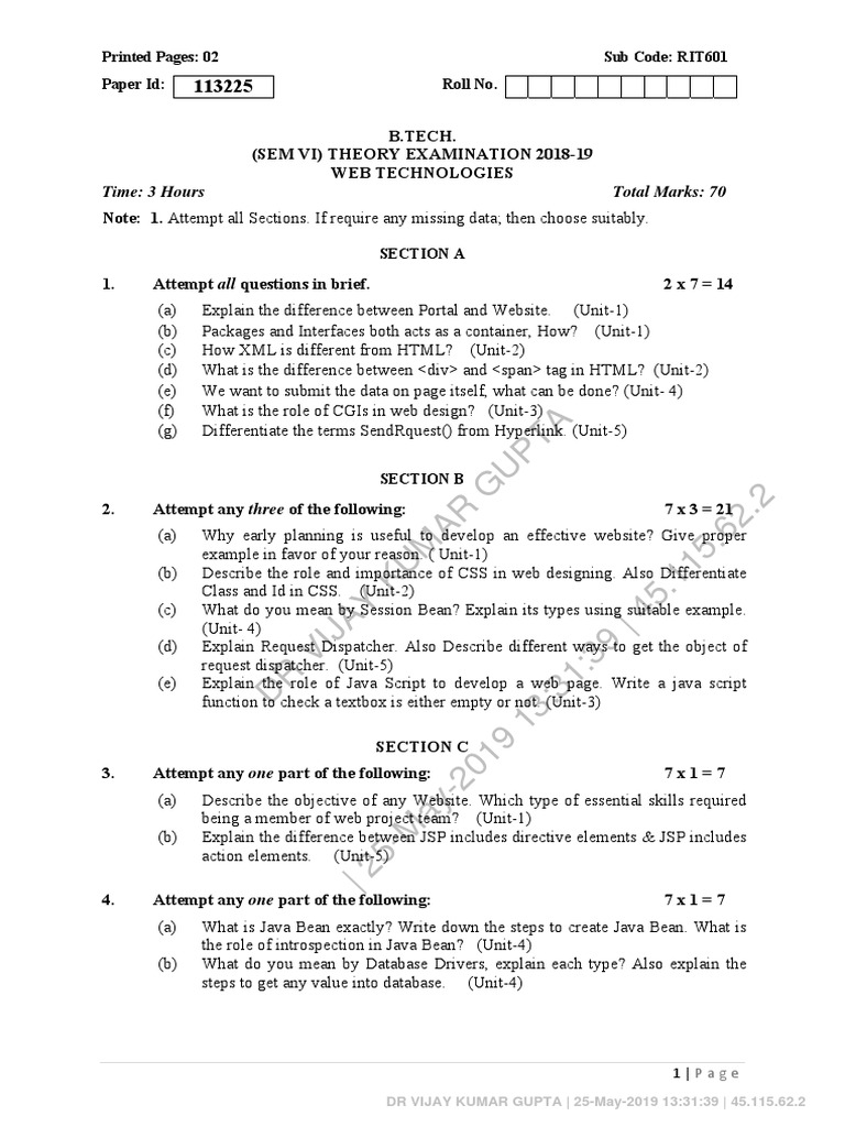 Web Technologies Exam Paper 2018-19 | PDF | World Wide Web | Internet & Web