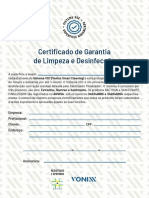 Certificado garantia limpeza desinfecção 3 meses