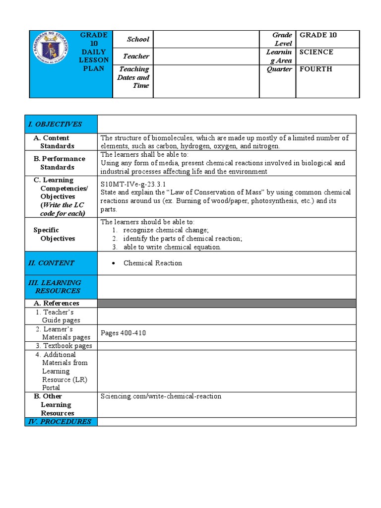 Grade 10 Science Lesson Plan: Chemical Reactions | PDF | Chemical ...