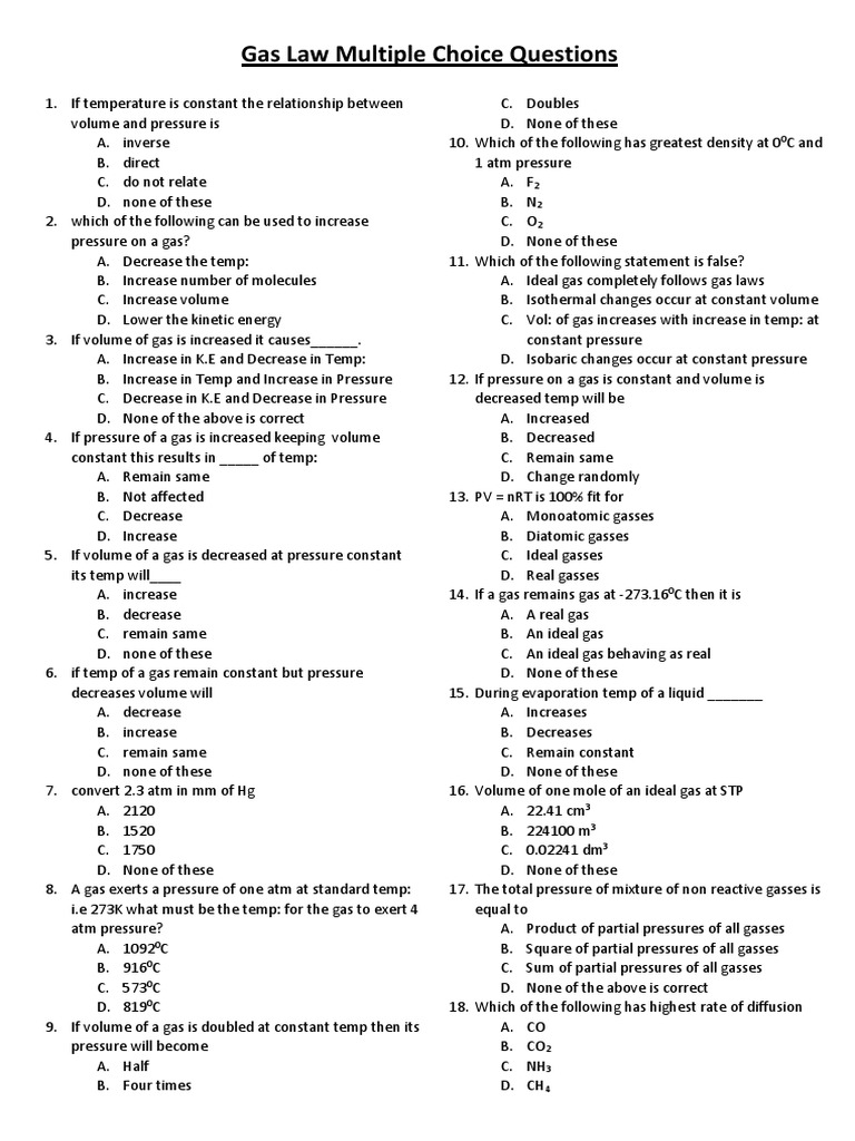 Gas Law Multiple Choice Questions PDF Gases Pressure