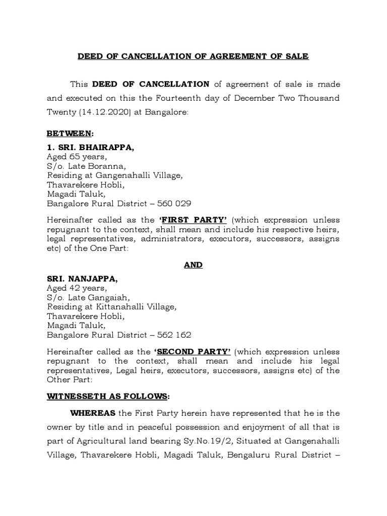 Deed of Cancellation of Agreement of Sale PDF Deed Common Law