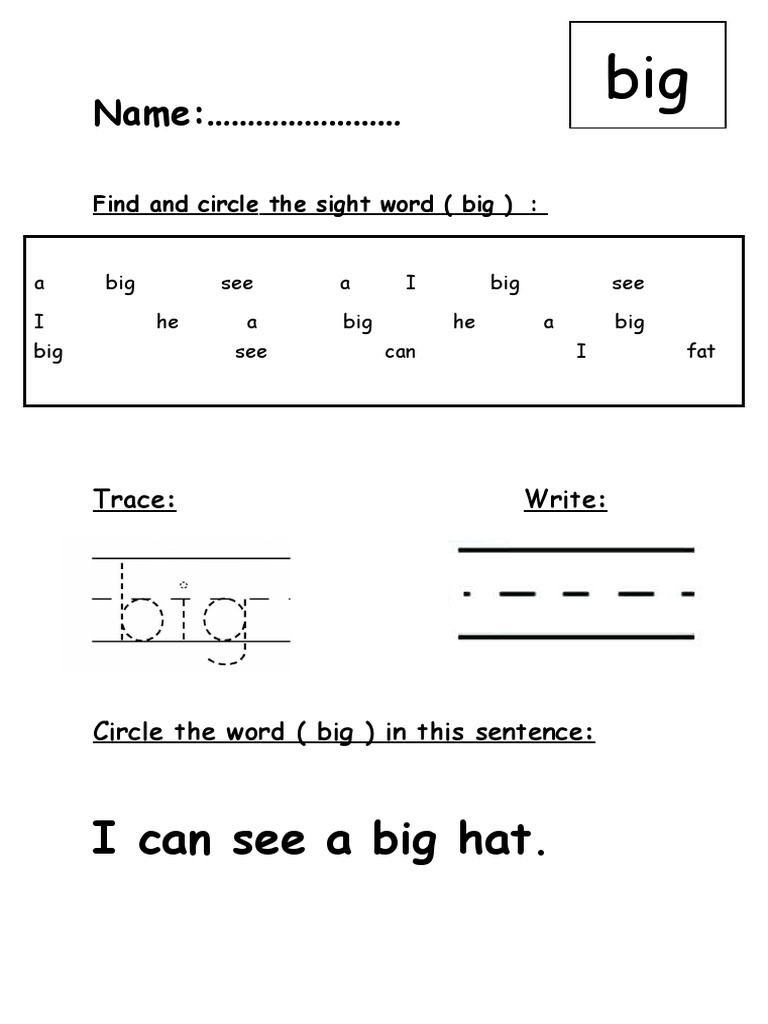 Big Sight Word Worksheet | PDF