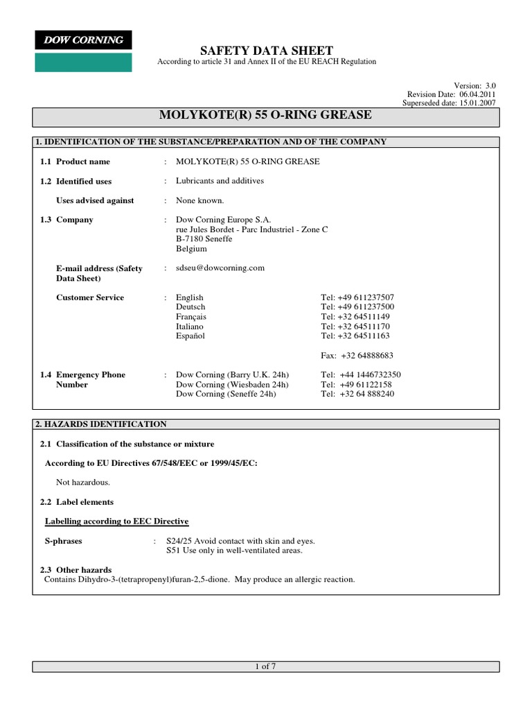 Safety Data Sheet for Molykote 55 ORing Grease PDF Personal