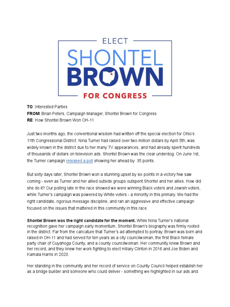 Shontel Brown For Congress Post-Election Memo | PDF | Democratic Party ...