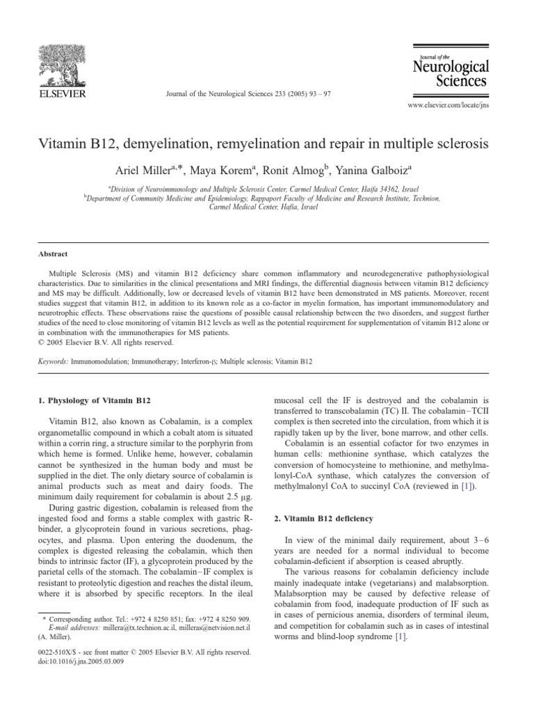 Vitamin B12, Demyelination, Remyelination and Repair in Multiple Sclerosis PDF Vitamin B12