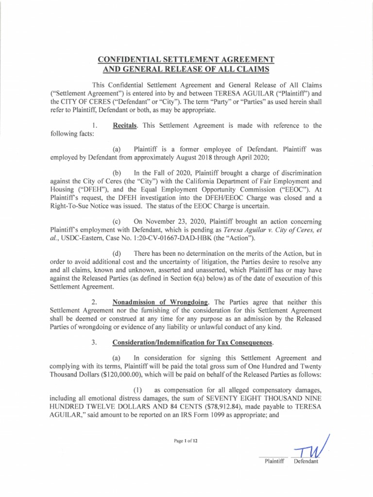Ceres Settlement With Teresa Aguilar  PDF In settlement agreement and release of all claims template