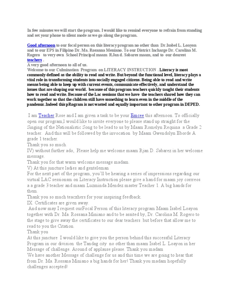 Literacy Culmination Program Script | PDF | Literacy | Communication