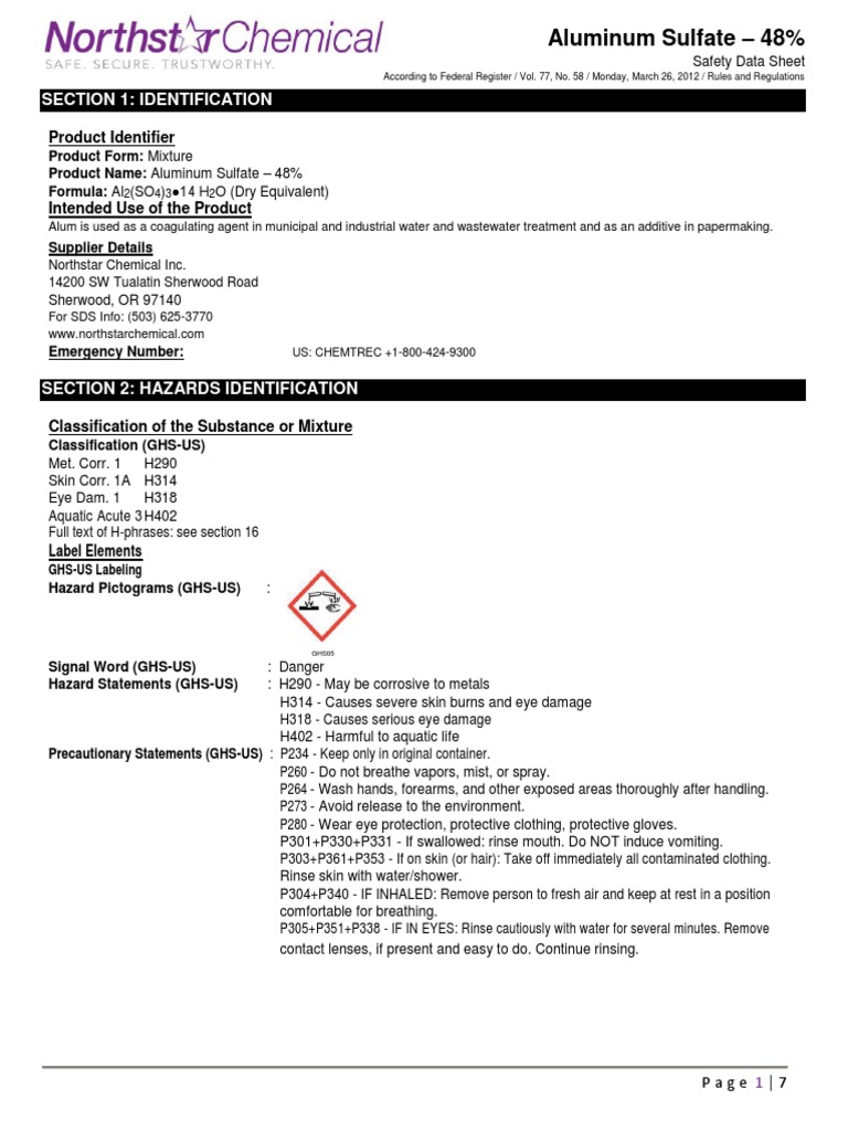 Aluminum Sulfate 48 Section 1 Identification PDF Dangerous