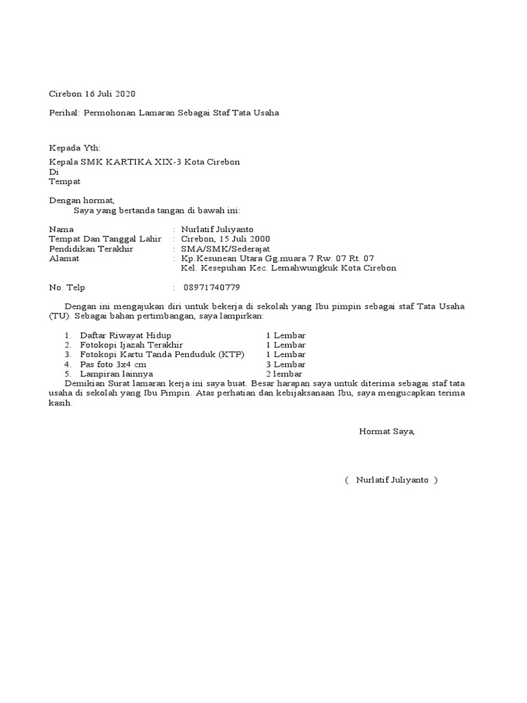 Surat Lamaran Kerja Sebagai Staff Tata Usaha Pdf