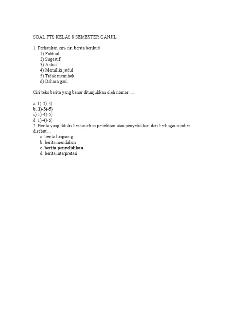 Soal Pts Kelas 8 Sem 1 Pdf