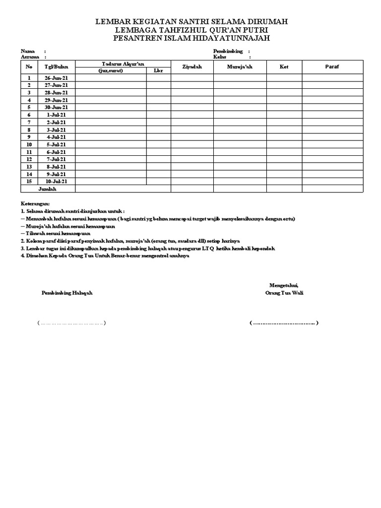 Laporan Kegiatan Santri di Rumah | PDF