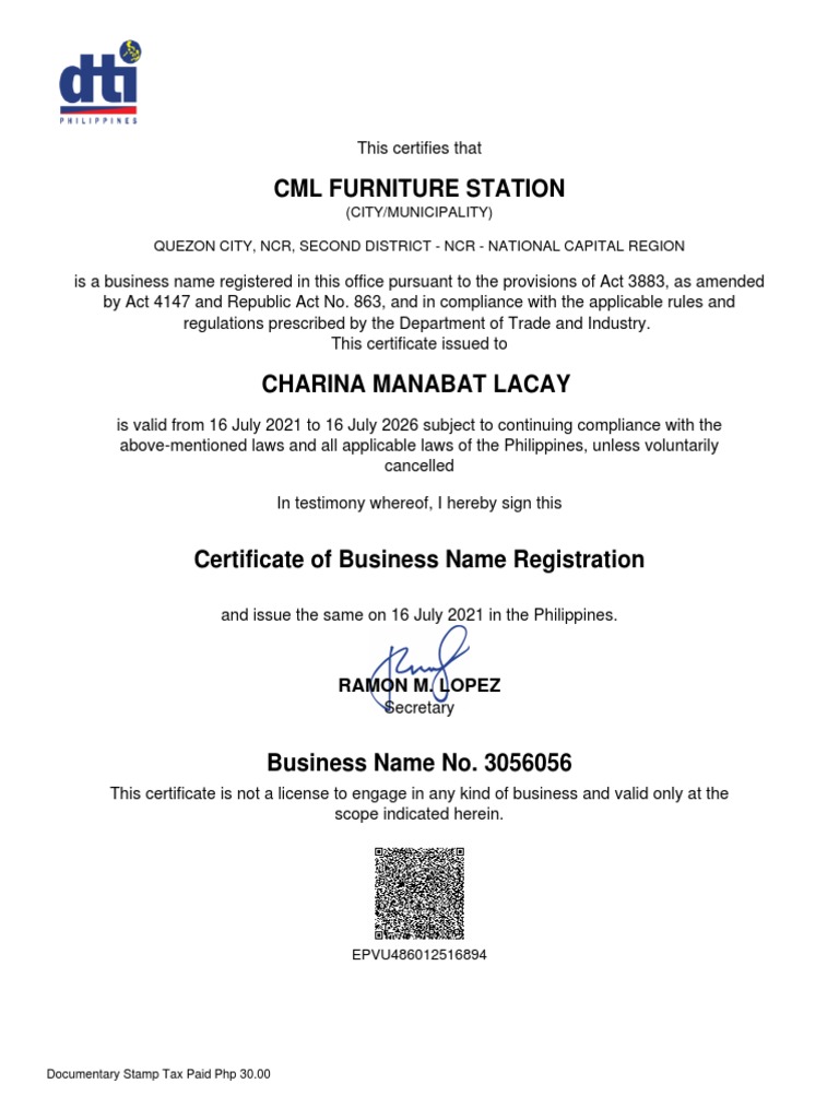 CML Furniture Station Business Registration Certificate | PDF