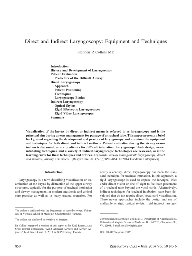Direct and Indirect Laryngoscopy Equipment and Techniques Stephen R