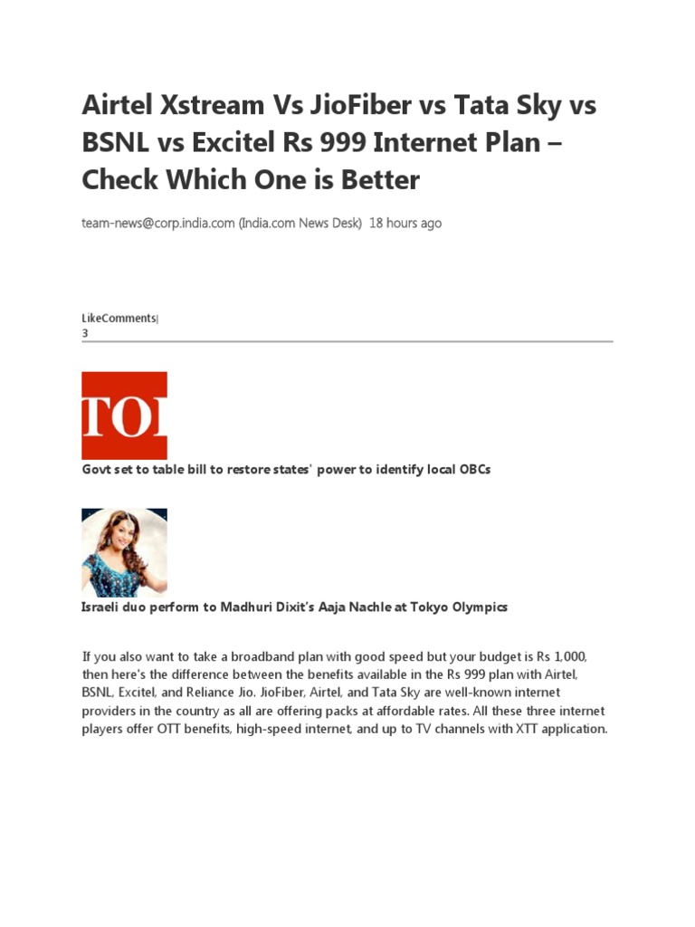Rs 999 Broadband Plans Comparison | PDF | Service Industries ...