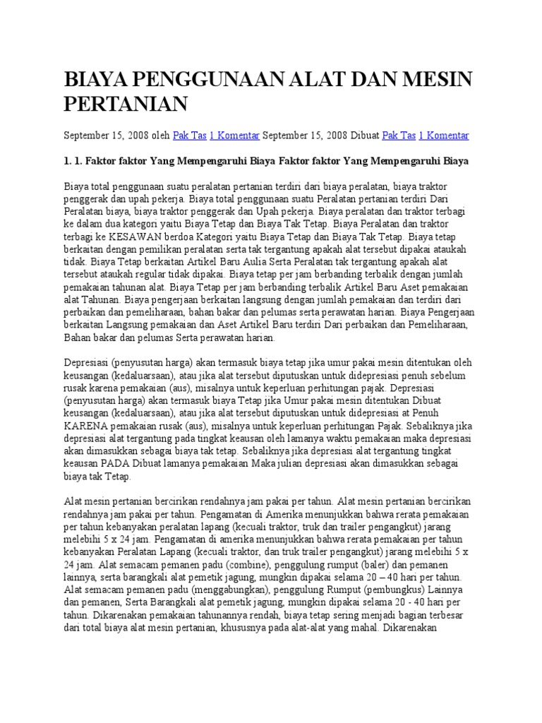 BIAYA PENGGUNAAN ALAT DAN MESIN PERTANIAN BIAYA PENGGUNAAN ALAT DAN MESIN PERTANIAN