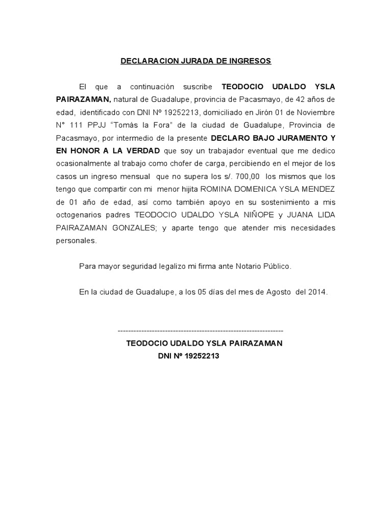 Declaracion Jurada de Ingresos | PDF