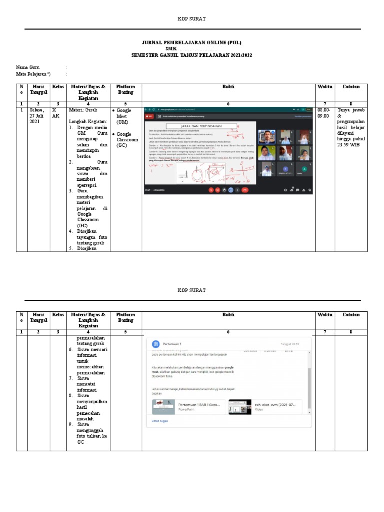 Contoh Jurnal Mengajar Online | PDF