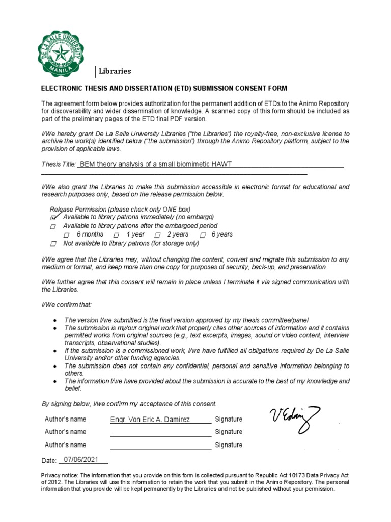 Animo Repository ETD Submission Consent | PDF | Libraries | Thesis