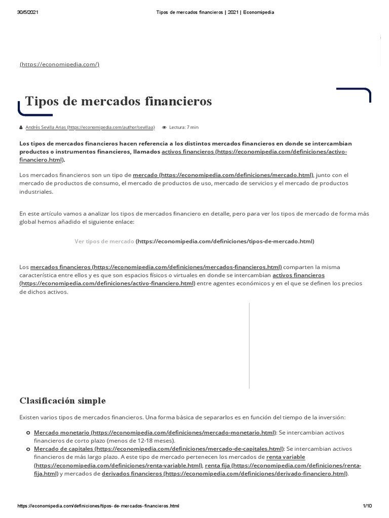 Tipos de Mercados Financieros - 2021 - Economipedia | PDF | Mercado de ...
