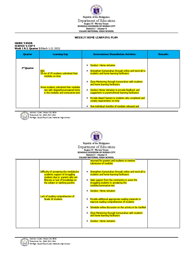Department of Education: Weekly Home Learning Plan | PDF | Reading ...