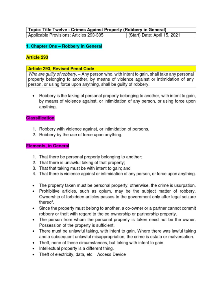 Elements of Robbery in RPC | PDF | Robbery | Theft