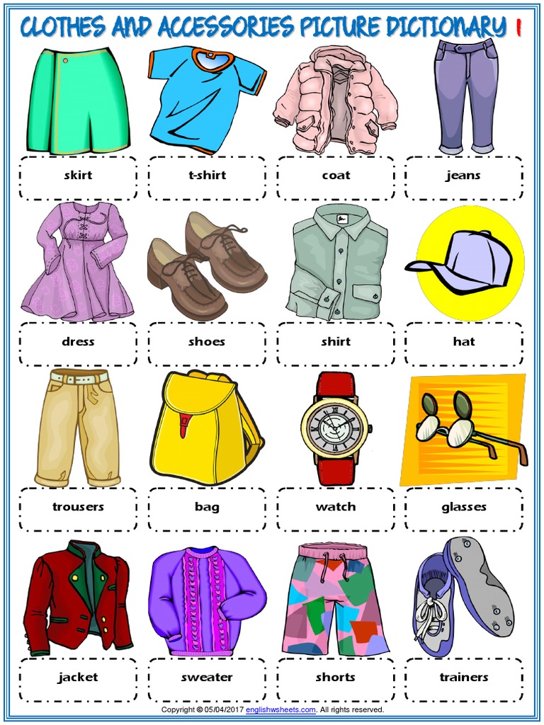 Clothes And Accessories Vocabulary Esl Picture Dictionary Worksheets For Kids | Pdf | Sweater | Fashion Accessories