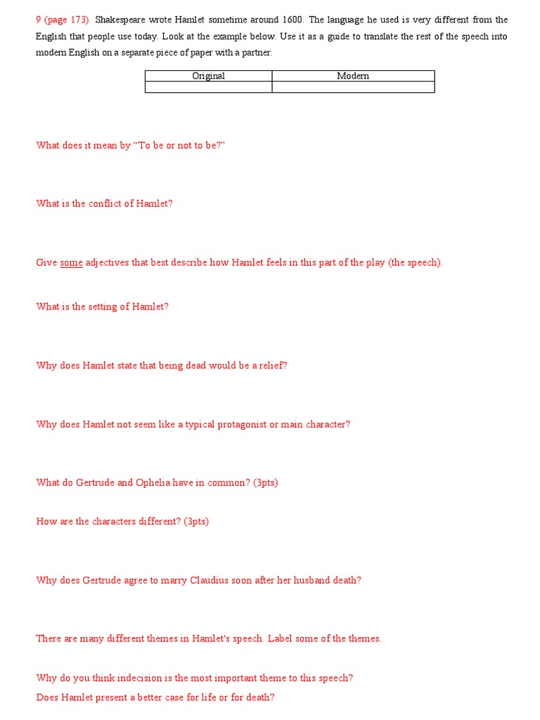 Hamlet Worksheets