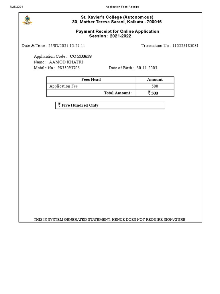 Application Fees Receipt | PDF
