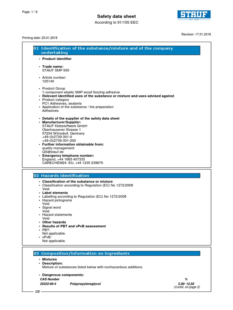 STAUF SMP 930 Safety Data Sheet | PDF | Dangerous Goods | Safety