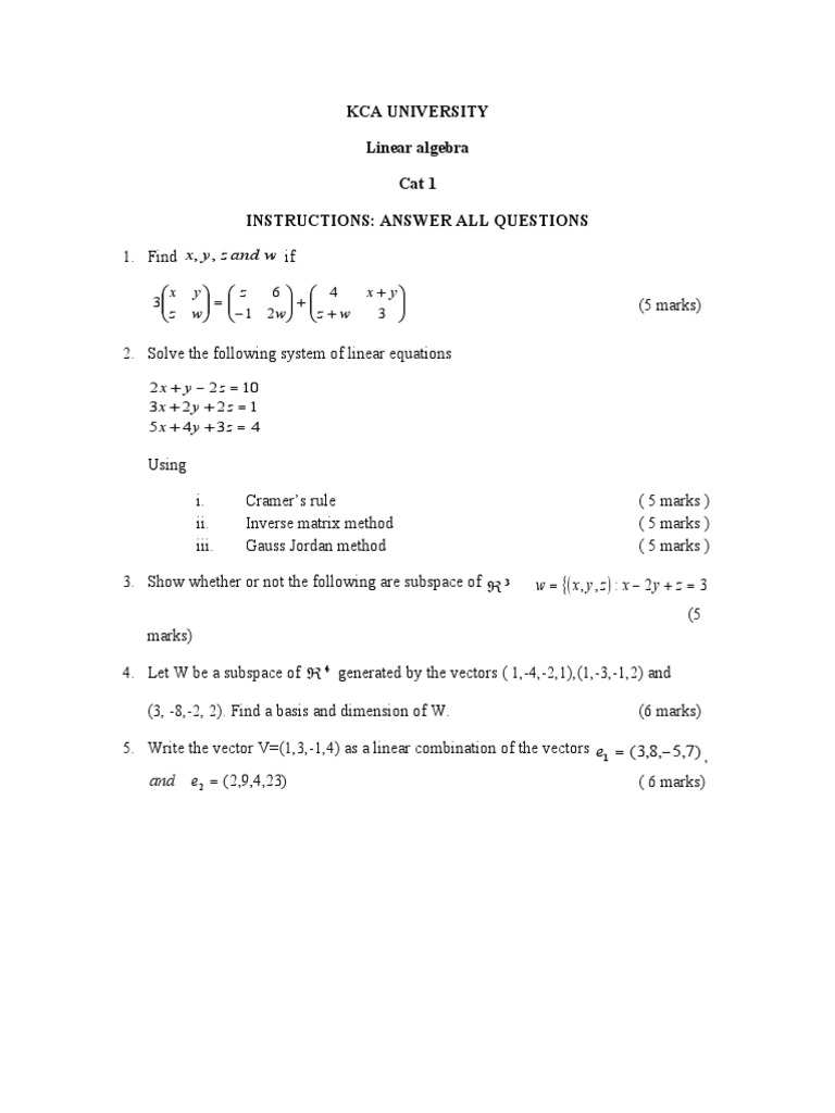 Linear Algebra CAT 1 Questions | PDF
