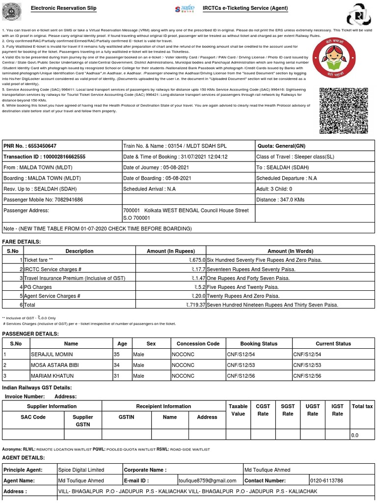 IRCTC E-Ticketing Reservation Slip Guide | PDF | Identity Document ...