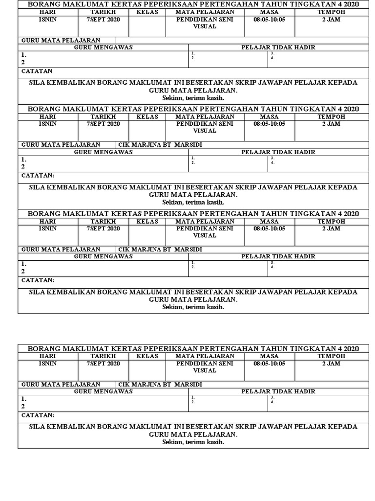 Borang Maklumat Kertas Peperiksaan Pertengahan Tahun Tingkatan 4 2020 Pdf